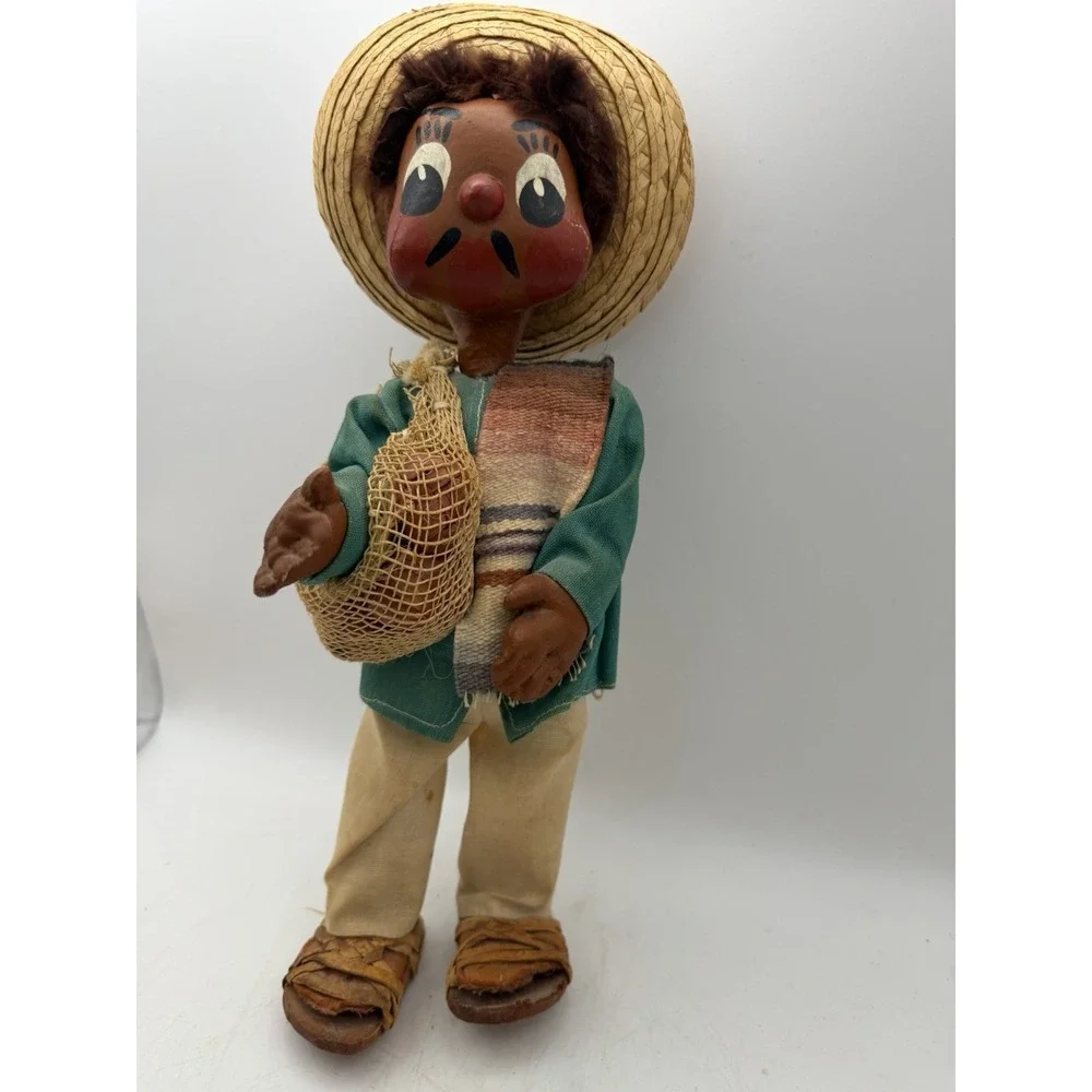 Vintage Mexican Folk Art Doll Straw Sombrero Cloth Body Painted Face 10